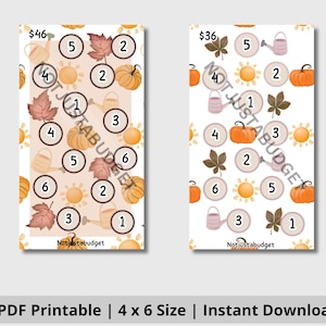 May include: Two printable 4x6 inch budget sheets with fall-themed illustrations. Each sheet features numbered circles, pumpkins, leaves, watering cans, and suns. One sheet is priced at $46, the other at $36. The text "Notjustabudget" is visible.