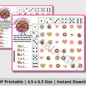 Könnte beinhalten: Ein druckbares Spielbrett mit einem Comic-Cookie-Charakter mit Brille. Das Spielbrett enthält ein Gitter aus Keksen und Herzen sowie einen Bereich zum Würfeln und Zuordnen von Werten zu jedem Keks. Der Text "SMART COOKIE!!" ist auf dem Brett zu sehen.