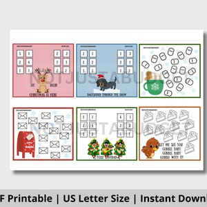 May include: A printable PDF with six colorful Christmas-themed game boards. Each board features a different design, including a reindeer, dachshund, marshmallows, letters to Santa, Christmas trees, and a turkey with pie. The text "NOT JUST A BUDGET" is at the top of each board.