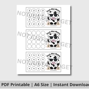 May include: Printable A6 size sheet with three different money saving charts featuring a cartoon cow wearing sunglasses and holding money bags. Each chart has a grid of circles with numbers 2, 4, and blank circles.