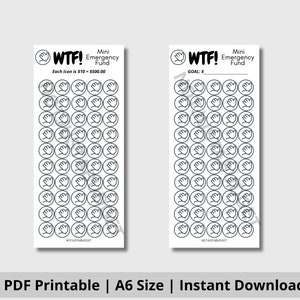 Puede incluir: Una hoja imprimible con 50 iconos en blanco y negro de una mano con el texto "WTF! Mini Emergency Fund" y "Cada icono es 10 € = 500,00 €".