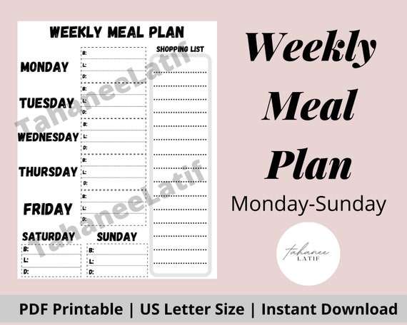 Weekly Meal Plan monday-sunday Printable Instant Download | Etsy