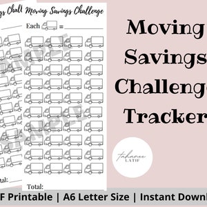 Könnte beinhalten: Druckbarer Umzugsspar-Challenge-Tracker mit einem Schwarzweiß-Design. Der Tracker verfügt über ein Raster mit Umzugswagen, in denen die für jeden Wagen gesparten Beträge eingetragen werden können. Der Text "Moving Savings Challenge Tracker" befindet sich oben auf der Seite.