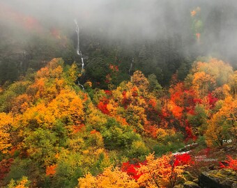 Mountain Landscape, Waterfalls, Brilliant Fall Colors, Pacific Northwest Autumn Forest, Misty Valley River, Fog, Fine Art, Fall Home Decor