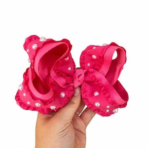 Hot Pink Twisted Boutique Hair Bow Bubble Gum Pink Hair Bow with Pearls Birthday Party Hair Bow Dressy Hair Bow Hot Pink with Pearls gift