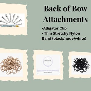 May include: Back of Bow Attachments with alligator clips and thin stretchy nylon bands in black, nude, and white. Includes a white band measuring 1cm in diameter and 38cm at max stretch. The display shows metal clips and piles of elastic bands.