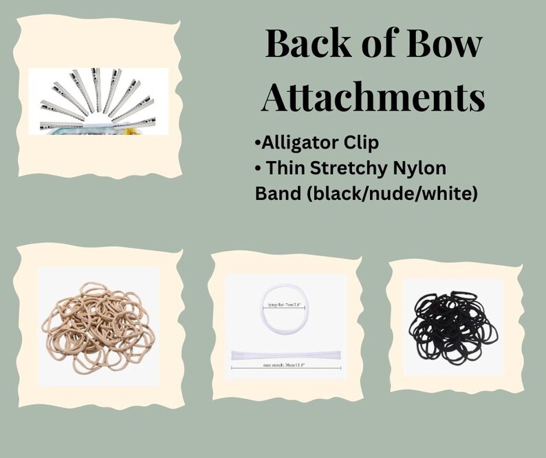 May include: Back of Bow Attachments with alligator clips and thin stretchy nylon bands in black, nude, and white. Includes a white band measuring 1cm in diameter and 38cm at max stretch. The display shows metal clips and piles of elastic bands.