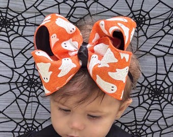 Halloween Party Hair Bow Boo Basket little girl gift pumpkin patch hair bow Halloween trick or treating hair bow Orange with ghost hair bow