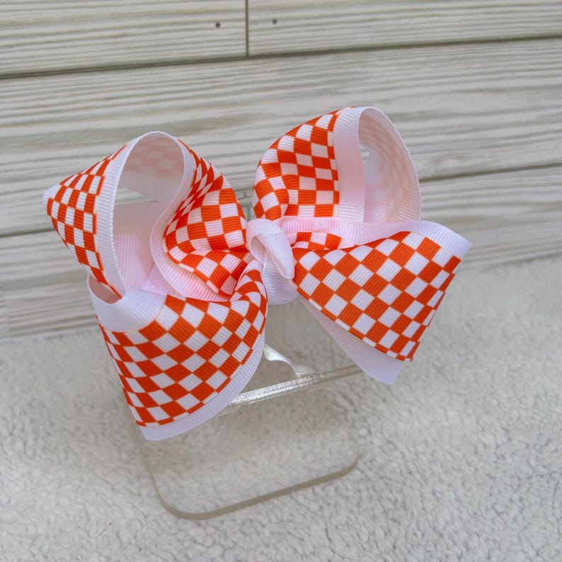Orange and White Checkerboard Hair Bow Tennessee Football Tailgate Outfit Fall Hair Bow Football Season Knoxville Saturday Hair Accessory image 4