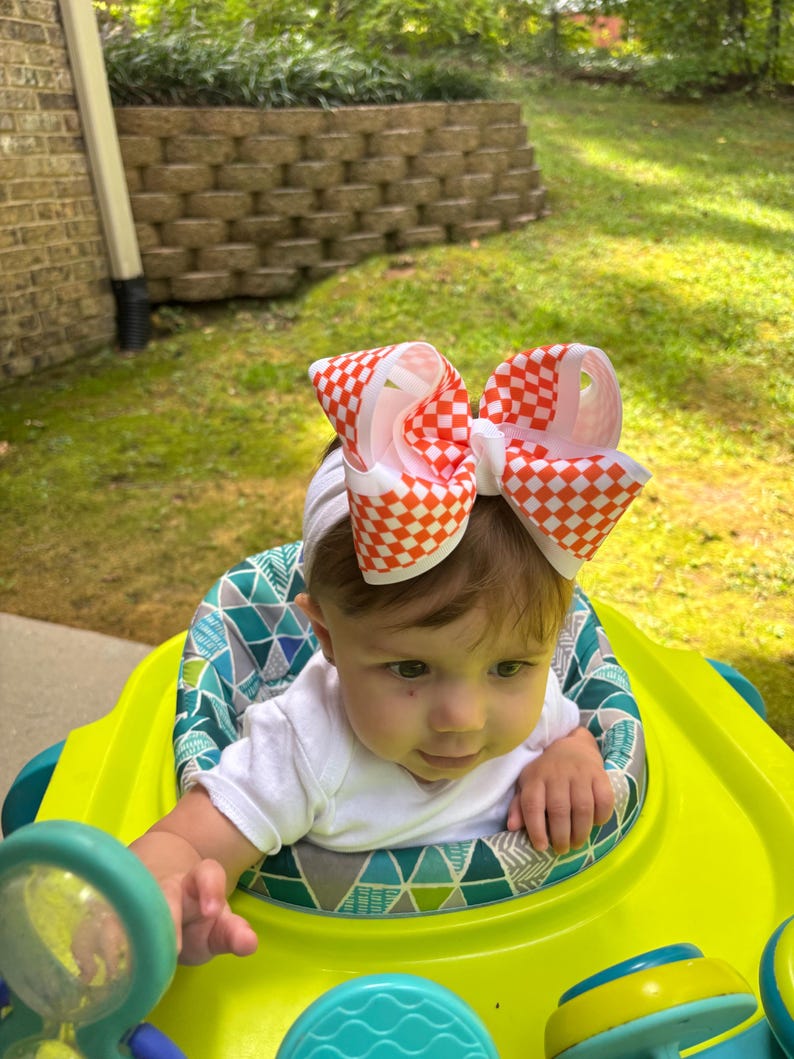 Orange and White Checkerboard Hair Bow Tennessee Football Tailgate Outfit Fall Hair Bow Football Season Knoxville Saturday Hair Accessory image 7