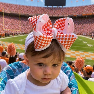 Orange and White Checkerboard Hair Bow Tennessee Football Tailgate Outfit Fall Hair Bow Football Season Knoxville Saturday Hair Accessory image 1