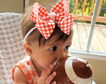 Checkerboard Hair Bow Orange and White Game Day Hair Accessory for Girl Football Season in Tennessee Boutique Hair Bow Fall Hair Bow in Clip