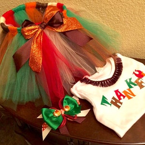 Baby, Thanksgiving, Girls Red, Gold, Green, and White Toddler Tutu, Red, Green, Gold and White with Brown Trim and Matching Hair Bow