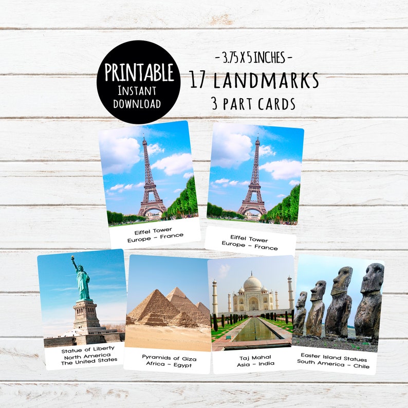 17 Landmark Printable 3-part Cards Digital Download | Etsy