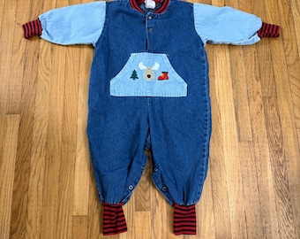 Macacão jeans bordado vintage Buster Brown tamanho 12 M