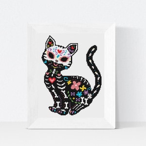 ハロウィーン シュガー スカル キャット クロスステッチ パターン PDF – 死者の日の刺繍 デジタル ダウンロード