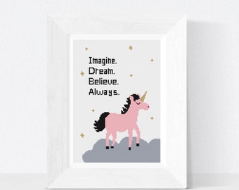 Unicorn Nursery Cross Stitch Pattern, PDF Embroidery Download, Imagine Dream Believe Design