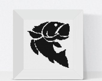 May include: Black and white silhouette of a fish jumping out of the water. The fish is facing to the right and has a large mouth.