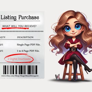 May include: A listing for a digital download of a single page PDF file and a 1 to 4 page PDF file. The listing includes a cartoon illustration of a girl with long brown hair wearing a red dress and sitting on a stool. The text "2 Digital Downloads" is circled in red.