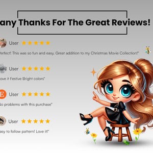 May include: A cartoon illustration of a girl with long blonde hair wearing a black dress and sitting on a wooden stool. The image includes text that reads "Many Thanks For The Great Reviews!" and several customer reviews with five-star ratings.
