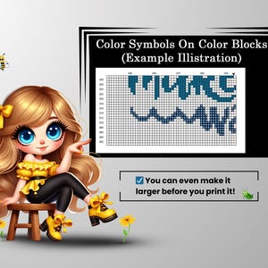 May include: A digital illustration of a girl with long blonde hair wearing a yellow top and black pants. She is sitting on a wooden stool and pointing to a grid with blue symbols on it. The text "Color Symbols On Color Blocks (Example Illustration)" is above the grid. The text "You can even make it larger before you print it!" is below the grid.