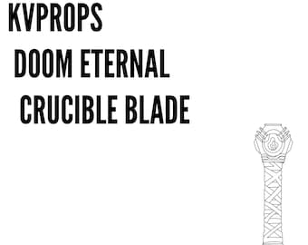 May include: A black and white line drawing of the Crucible Blade from the video game Doom Eternal. The blade is a double-edged sword with a large, ornate hilt. The text "KVPROPS DOOM ETERNAL CRUCIBLE BLADE" is at the top of the image. The Doom Eternal logo is at the bottom of the image.