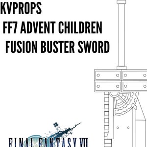 Puede incluir: Dibujo de línea de una espada del videojuego Final Fantasy VII: Advent Children. La espada se llama "Fusion Buster Sword" y es un arma grande y compleja con un mecanismo parecido a un engranaje.