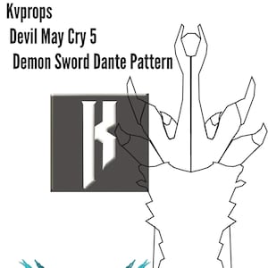 Könnte beinhalten: Eine Schwarzweiß-Zeichnung eines Schwertes mit einem komplexen Design. Das Schwert stammt aus dem Videospiel Devil May Cry 5. Das Bild enthält auch das Devil May Cry 5 Logo und den Text "Demon Sword Dante Pattern".
