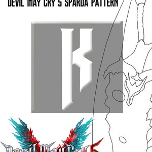 Puede incluir: Un dibujo en blanco y negro de una espada con un diseño estilizado. La imagen también incluye el texto "KVPPROPS DEVIL MAY CRY 5 SPARDAS PATTERN" y un logotipo para Devil May Cry 5.