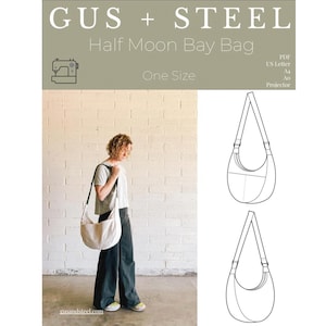 Puede incluir: Un patrón de costura para una bolsa de media luna, con un dibujo de línea de la bolsa y una foto de una persona usando la bolsa. El patrón está disponible en formato PDF y es de una talla.