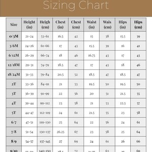 May include: A sizing chart for children's clothing, showing measurements in inches and centimeters for different sizes, from 0/3M to 10/11. The chart includes measurements for height, chest, waist, and hips.