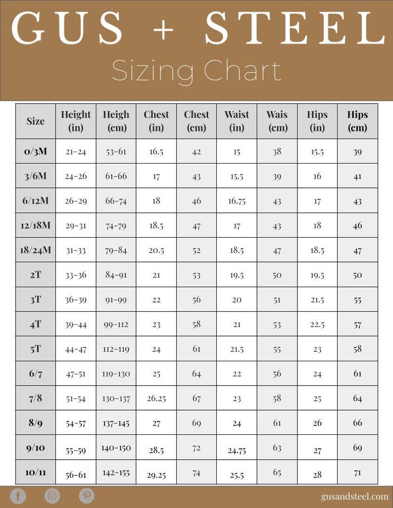 May include: A sizing chart for children's clothing, showing measurements in inches and centimeters for different sizes, from 0/3M to 10/11. The chart includes measurements for height, chest, waist, and hips.
