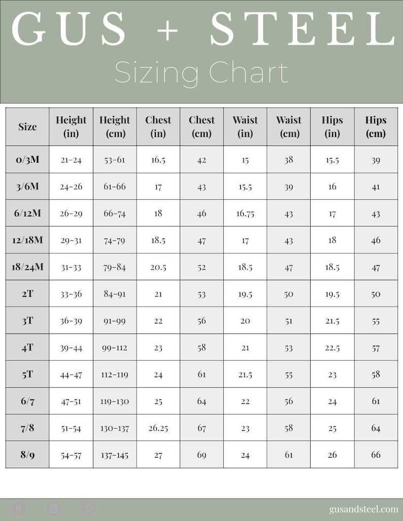 May include: A sizing chart for children's clothing, showing measurements in inches and centimeters for different sizes, from 0/3M to 8/9. The chart includes measurements for height, chest, waist, and hips.