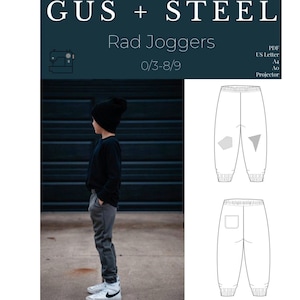 May include: A sewing pattern for Rad Joggers for children sizes 0/3-8/9. The pattern includes instructions for making the joggers with a pocket and a contrasting fabric detail. The pattern is available in PDF format and can be printed on US Letter, A4, or A0 paper.