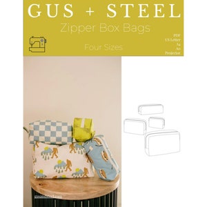 May include: A set of four zipper box bag sewing patterns in various sizes. The patterns are printed on white paper and are shown on a table with a stack of fabric bags. The bags are made of different fabrics, including a checkered fabric, a blue fabric with a white monster design, and a yellow fabric.