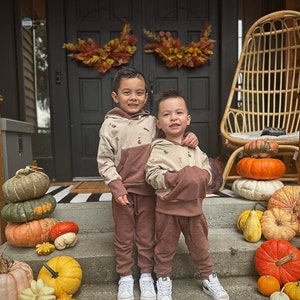 May include: Two young boys wearing brown and beige hoodies with a nature-themed print stand on a porch steps with a pile of pumpkins and gourds behind them.