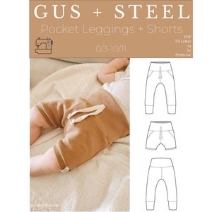 Puede incluir: Un patrón de costura para leggings y pantalones cortos con bolsillos para niños de talla 0/3 a 10/11. El patrón está disponible en formato PDF y se puede imprimir en papel US Letter, A4 o A0. El patrón también se puede utilizar con un proyector.