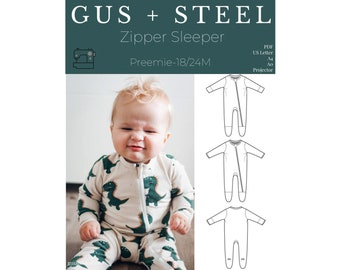 May include: A sewing pattern for a zipper sleeper for babies in sizes preemie to 18-24 months. The pattern includes instructions for sewing the sleeper in PDF, US Letter, A4, A0, and projector formats.