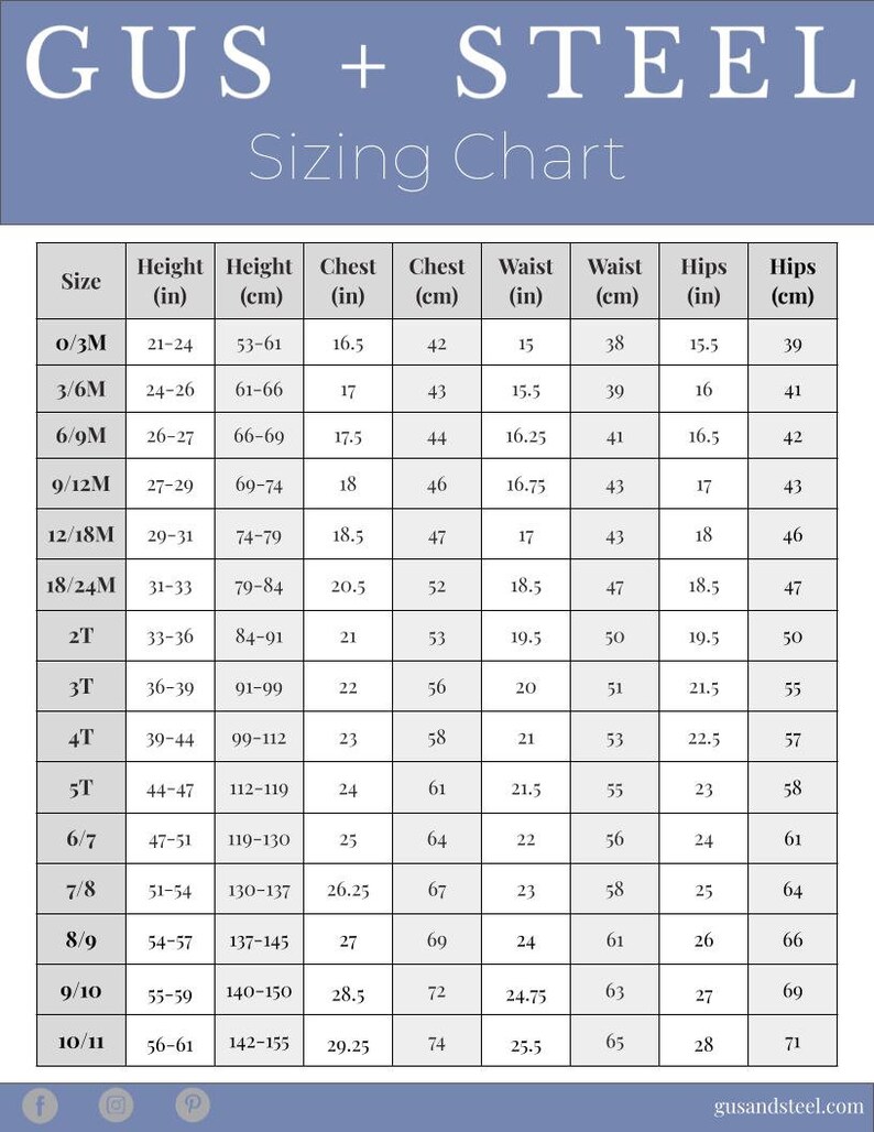 May include: A sizing chart for children's clothing, showing measurements in inches and centimeters for different sizes, from 0/3M to 10/11. The chart includes measurements for height, chest, waist, and hips.