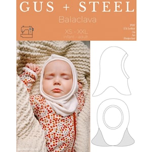 Könnte beinhalten: Ein Schnittmuster für eine Sturmhaube, erhältlich in den Größen XS bis XXL, für Babys und Erwachsene. Das Schnittmuster ist im PDF-Format verfügbar und kann auf US Letter, A4 oder A0 Papier gedruckt oder projiziert werden.