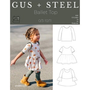 May include: A sewing pattern for a ballet top for children, sizes 0/3 to 10/11. The pattern includes three different styles: a long-sleeved top, a short-sleeved top with a ruffle, and a long-sleeved top with bell sleeves. The pattern is available in PDF format and can be printed on US Letter, A4, A0, or projector paper.