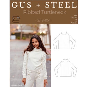 May include: A white ribbed turtleneck sweater sewing pattern for sizes 12/18 months to 10/11 years. The pattern includes instructions for sewing the sweater and is available in PDF format for US Letter, A4, A0, and projector sizes.