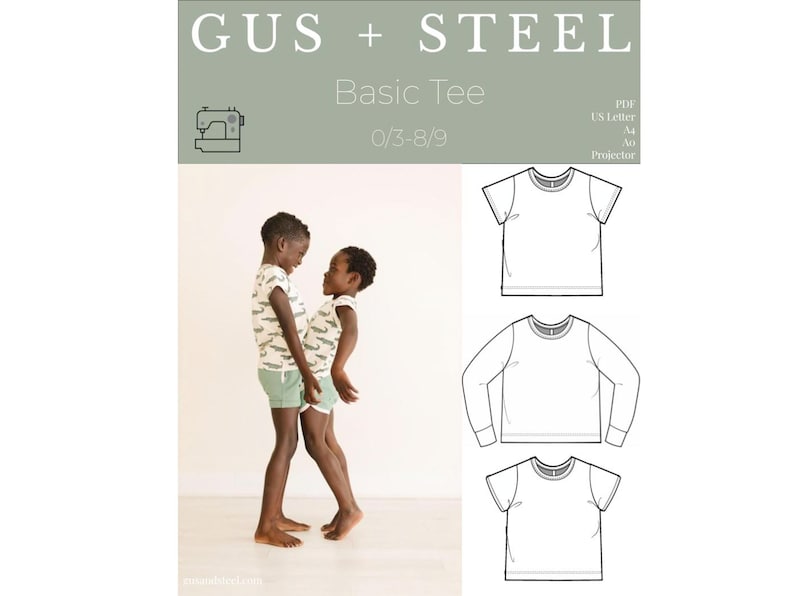 May include: A sewing pattern for a basic tee shirt for children, sizes 0/3 to 8/9. The pattern includes instructions for both short and long sleeve versions. The pattern is available in PDF format and can be printed on US Letter, A4, A0, or projector paper.