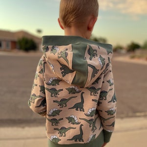 May include: A child wearing a tan hoodie with a green dinosaur print. The hoodie has a green hood and a green waistband. The child is standing on a sidewalk.