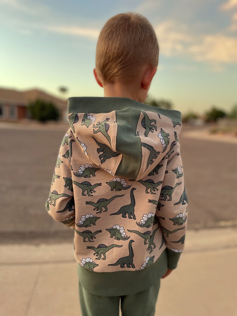 May include: A child wearing a tan hoodie with a green dinosaur print. The hoodie has a green hood and a green waistband. The child is standing on a sidewalk.