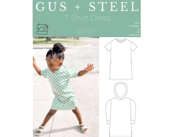 Hooded Tee Shirt Girls and Toddler Dress with Pockets PDF Sewing Pattern - Pattern #133