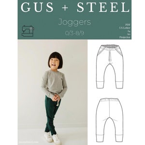 Könnte beinhalten: Ein Schnittmuster für Jogginghosen für Kinder in den Größen 0/3 bis 8/9. Das Schnittmuster ist im PDF-Format verfügbar und kann auf US Letter, A4, A0 oder projiziert gedruckt werden.