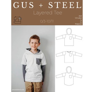 Peut inclure: Patron de couture pour un t-shirt superposé pour enfants, tailles 0/3 à 10/11. Le patron comprend des instructions pour une version à capuche et une version sans capuche. Le patron est disponible en format PDF et peut être imprimé sur du papier US Letter, A4 ou A0.