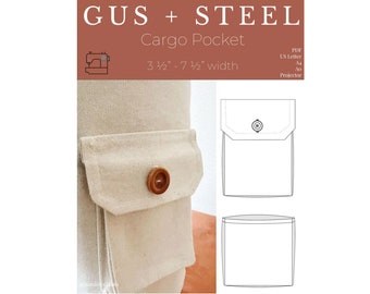 May include: A sewing pattern for a cargo pocket, measuring 9 cm by 19 cm wide. The pattern includes a line drawing of the pocket with a button.