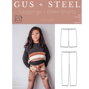 May include: A sewing pattern for leggings and biker shorts for children, sizes 0/3-10/11. The pattern is available in PDF format and can be printed on US Letter, A4, or A0 paper. The pattern is also projector-friendly.